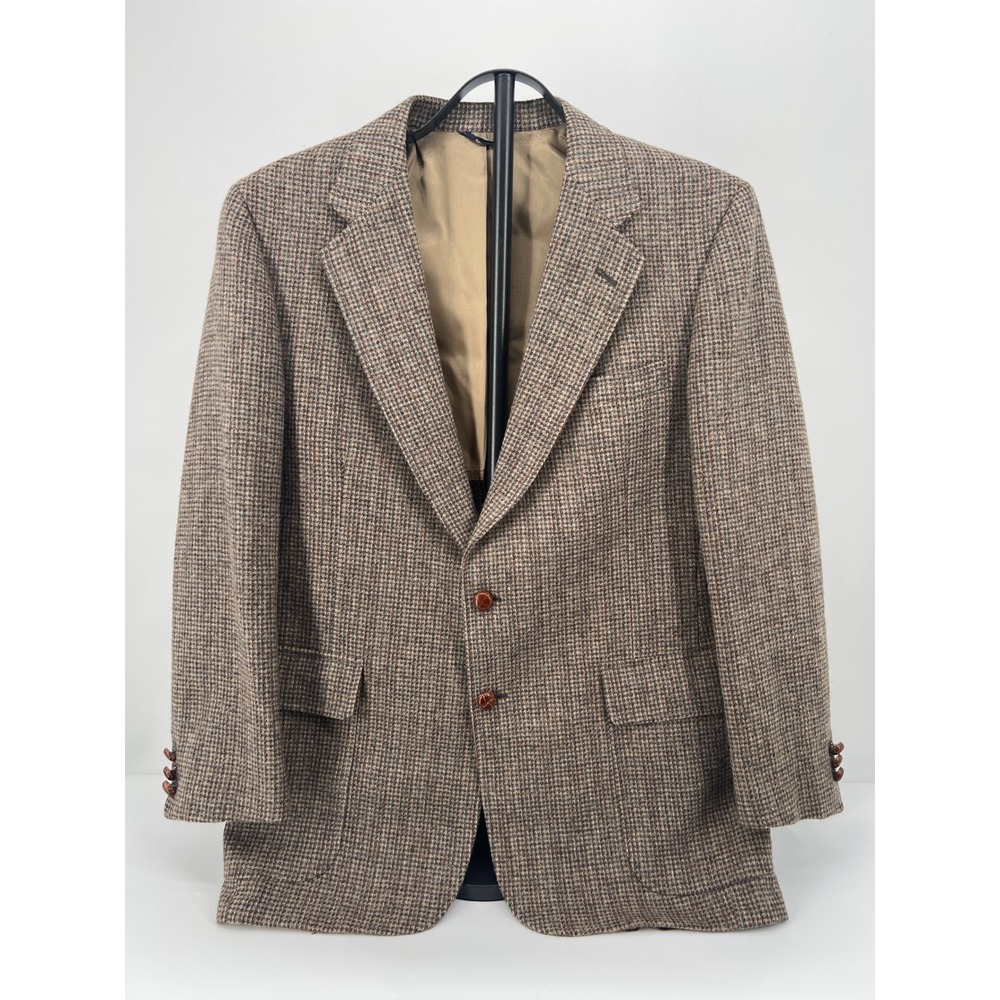 Vintage Mens Blazer Tweed Brown 44 100% Wool Houndstooth Gun Check USA Tailored